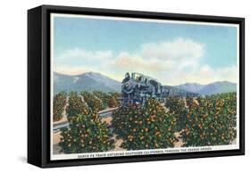 California - Santa Fe Train Passing Through Orange Groves-Lantern Press-Framed Stretched Canvas