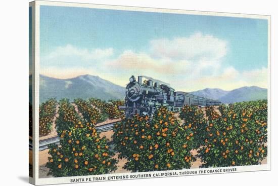 California - Santa Fe Train Passing Through Orange Groves-Lantern Press-Stretched Canvas