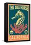 California - Seahorse Woodblock (Blue and Pink)-Lantern Press-Framed Stretched Canvas