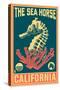 California - Seahorse Woodblock (Blue and Pink)-Lantern Press-Stretched Canvas