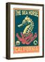 California - Seahorse Woodblock (Blue and Pink)-Lantern Press-Framed Art Print