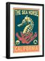 California - Seahorse Woodblock (Blue and Pink)-Lantern Press-Framed Art Print