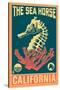 California - Seahorse Woodblock (Blue and Pink)-Lantern Press-Stretched Canvas