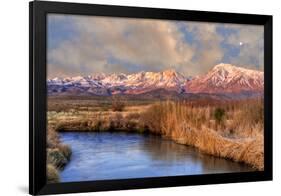 California, Sierra Nevada Mountains. Moon over Mountains and Owens River-Jaynes Gallery-Framed Photographic Print