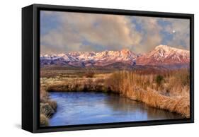 California, Sierra Nevada Mountains. Moon over Mountains and Owens River-Jaynes Gallery-Framed Stretched Canvas