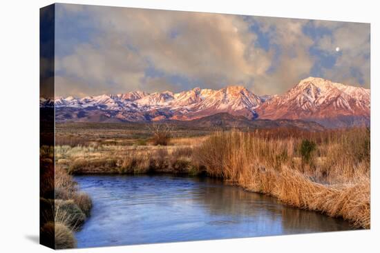 California, Sierra Nevada Mountains. Moon over Mountains and Owens River-Jaynes Gallery-Stretched Canvas