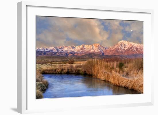 California, Sierra Nevada Mountains. Moon over Mountains and Owens River-Jaynes Gallery-Framed Photographic Print