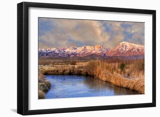 California, Sierra Nevada Mountains. Moon over Mountains and Owens River-Jaynes Gallery-Framed Photographic Print