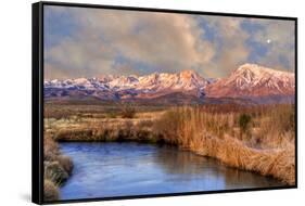 California, Sierra Nevada Mountains. Moon over Mountains and Owens River-Jaynes Gallery-Framed Stretched Canvas