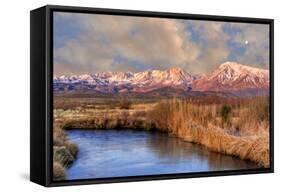 California, Sierra Nevada Mountains. Moon over Mountains and Owens River-Jaynes Gallery-Framed Stretched Canvas