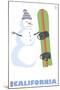 California, Snowman with Snowboard-Lantern Press-Mounted Art Print