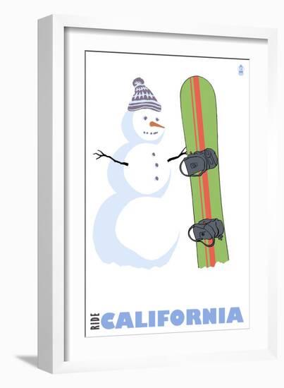 California, Snowman with Snowboard-Lantern Press-Framed Art Print