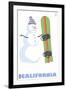 California, Snowman with Snowboard-Lantern Press-Framed Art Print