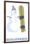 California, Snowman with Snowboard-Lantern Press-Framed Art Print