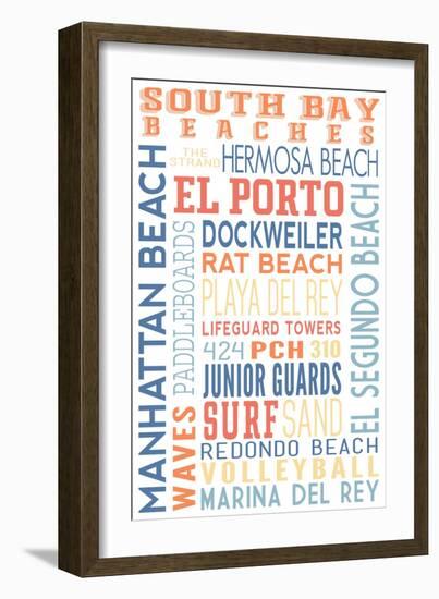 California - South Bay Beaches - Typography-Lantern Press-Framed Art Print