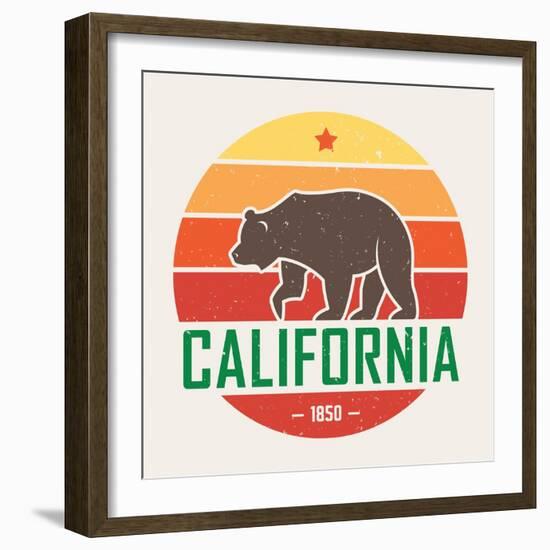 California T-Shirt with Grizzly Bear. T-Shirt Graphics, Design, Print, Typography, Label, Badge. Ve-rikkyal-Framed Art Print