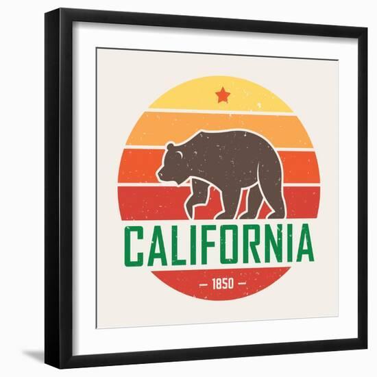 California T-Shirt with Grizzly Bear. T-Shirt Graphics, Design, Print, Typography, Label, Badge. Ve-rikkyal-Framed Art Print