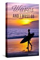 California - the Waves are Calling - Surfer and Sunset-Lantern Press-Stretched Canvas