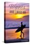 California - the Waves are Calling - Surfer and Sunset-Lantern Press-Stretched Canvas