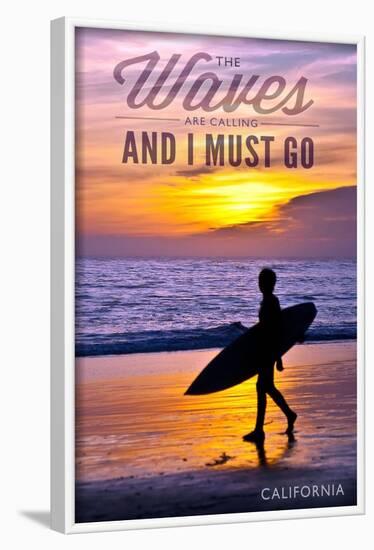 California - the Waves are Calling - Surfer and Sunset-Lantern Press-Framed Art Print