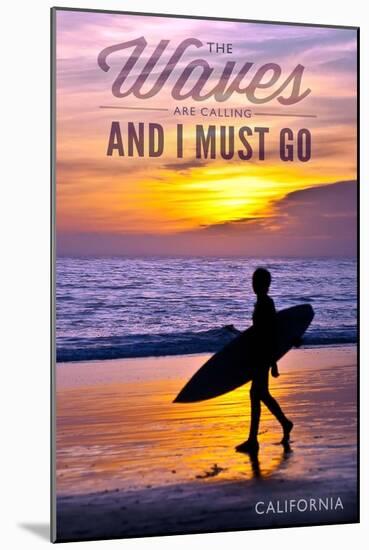 California - the Waves are Calling - Surfer and Sunset-Lantern Press-Mounted Art Print