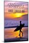 California - the Waves are Calling - Surfer and Sunset-Lantern Press-Mounted Art Print