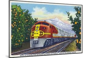 California - View of a Santa Fe Train Passing Through Orange Groves-Lantern Press-Mounted Art Print