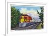 California - View of a Santa Fe Train Passing Through Orange Groves-Lantern Press-Framed Premium Giclee Print