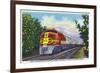 California - View of a Santa Fe Train Passing Through Orange Groves-Lantern Press-Framed Premium Giclee Print