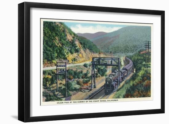 California - View of a Train in Cajon Pass-Lantern Press-Framed Art Print