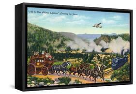 California - View of Carriage, Train, and Airplanes Crossing the Sierra Mountains, c.1943-Lantern Press-Framed Stretched Canvas