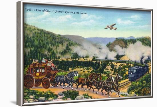 California - View of Carriage, Train, and Airplanes Crossing the Sierra Mountains, c.1943-Lantern Press-Framed Art Print