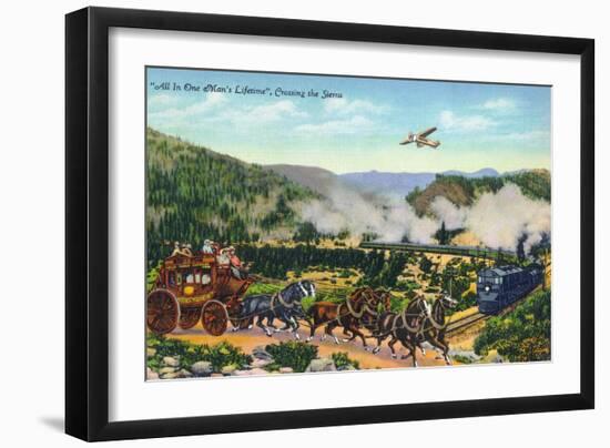 California - View of Carriage, Train, and Airplanes Crossing the Sierra Mountains, c.1943-Lantern Press-Framed Art Print