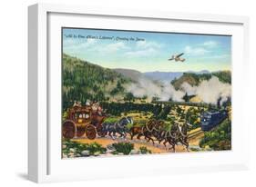 California - View of Carriage, Train, and Airplanes Crossing the Sierra Mountains, c.1943-Lantern Press-Framed Art Print