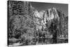 California, Yosemite NP. Yosemite Falls Reflects in the Merced River-Dennis Flaherty-Stretched Canvas