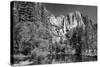 California, Yosemite NP. Yosemite Falls Reflects in the Merced River-Dennis Flaherty-Stretched Canvas