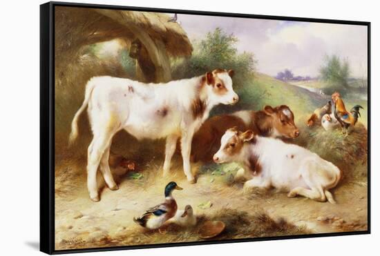 Calves and Poultry by a Byre, 1922-Walter Hunt-Framed Stretched Canvas
