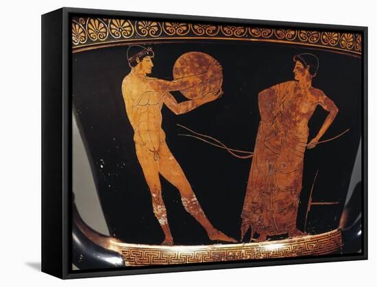 Calyx-Krater Attributed to Painter of Kleophrades, Detail of Discobolus with Trainer-null-Framed Stretched Canvas