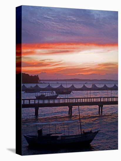 Camamu Bay, Island of Tinhare, Sunset over Jetty and Boats, Village of Morro De Sao Paulo, Brazil-Mark Hannaford-Stretched Canvas