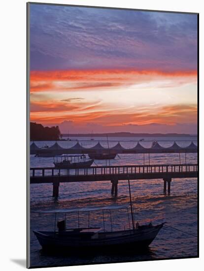 Camamu Bay, Island of Tinhare, Sunset over Jetty and Boats, Village of Morro De Sao Paulo, Brazil-Mark Hannaford-Mounted Photographic Print