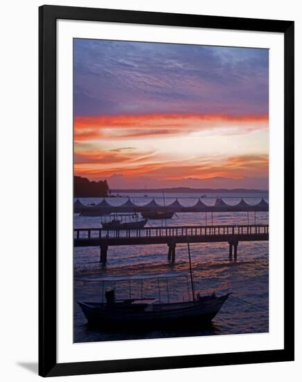 Camamu Bay, Island of Tinhare, Sunset over Jetty and Boats, Village of Morro De Sao Paulo, Brazil-Mark Hannaford-Framed Photographic Print