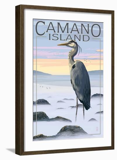 Camano Island, Washington - Blue Heron and Fog-Lantern Press-Framed Art Print