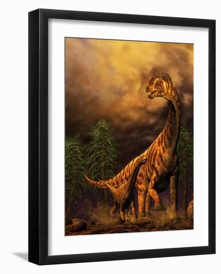 Camarasaurus Adult and Offspring-null-Framed Art Print