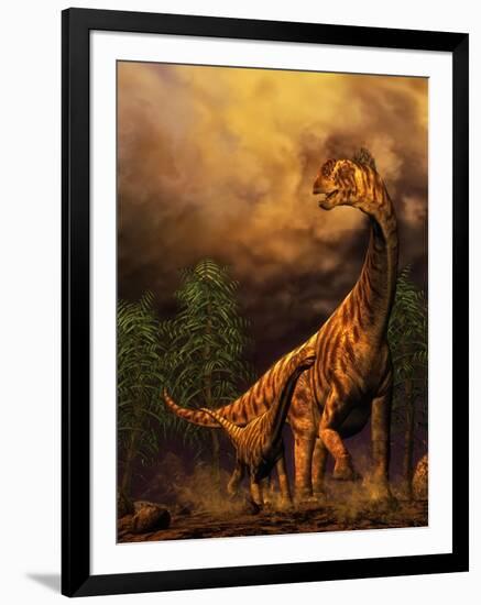 Camarasaurus Adult and Offspring-null-Framed Art Print