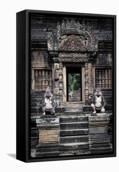 Cambodia, Angkor Wat. Banteay Srei Temple, Monkey Statues and Doorway-Matt Freedman-Framed Stretched Canvas