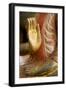 Cambodia, Siem Reap, golden hands on red wood statue of Buddha.-Merrill Images-Framed Premium Photographic Print
