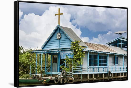 Cambodia, Tonle Sap, Siem Reap Province. a Floating Catholic Church on Lake Tonle Sap.-Nigel Pavitt-Framed Stretched Canvas