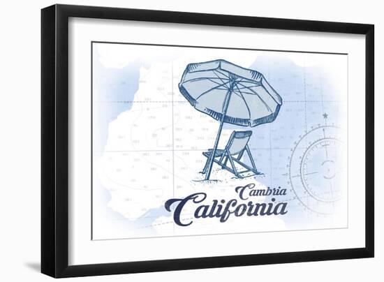 Cambria, California - Beach Chair and Umbrella - Blue - Coastal Icon-Lantern Press-Framed Art Print