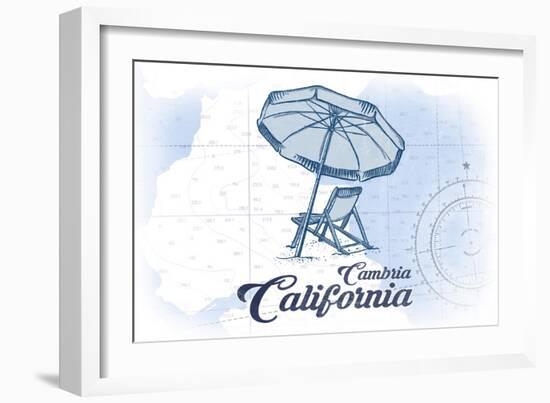 Cambria, California - Beach Chair and Umbrella - Blue - Coastal Icon-Lantern Press-Framed Art Print