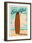 Cambria, California - Life is a Beautiful Ride - Surfboard - Letterpress-Lantern Press-Framed Art Print